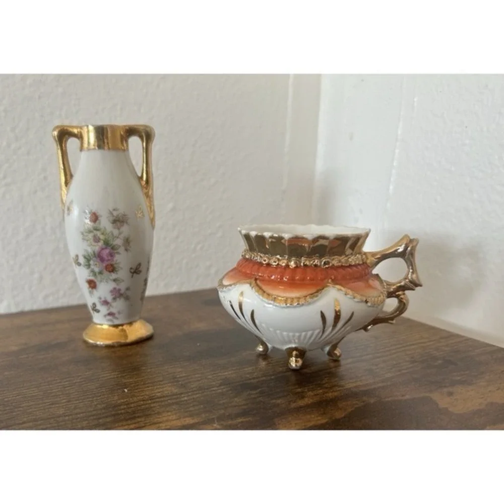 2-PC Vintage‎ Mini Vase Floral Gold Handle Numbered & Porcelain Pedestal Bowl